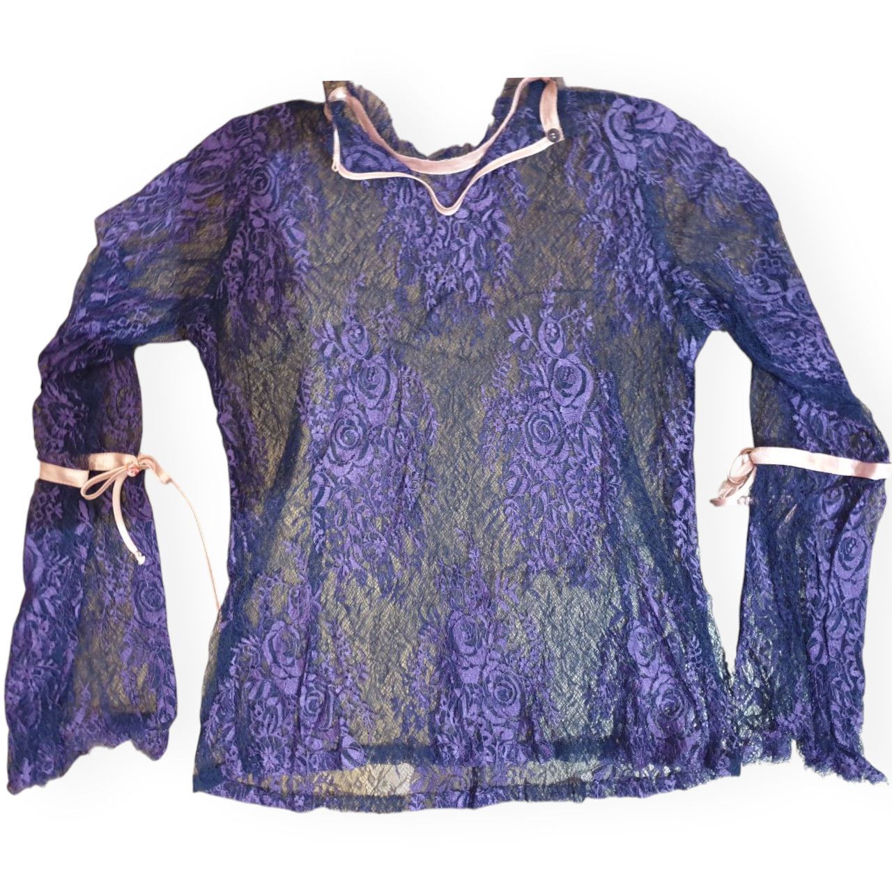 Other Sheer lace blouse sz S blue color with pink ribbons Size S / US 4 / IT 40 - 2 Thumbnail