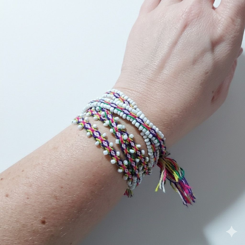Handmade Lariat 40" Necklace Bracelet Rainbow Woven White Beaded Size ONE SIZE - 1 Thumbnail