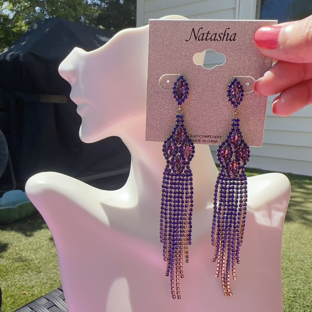 Designer Natasha gold tone dark blue crystal tassel earrings drops Size ONE SIZE - 1 Thumbnail