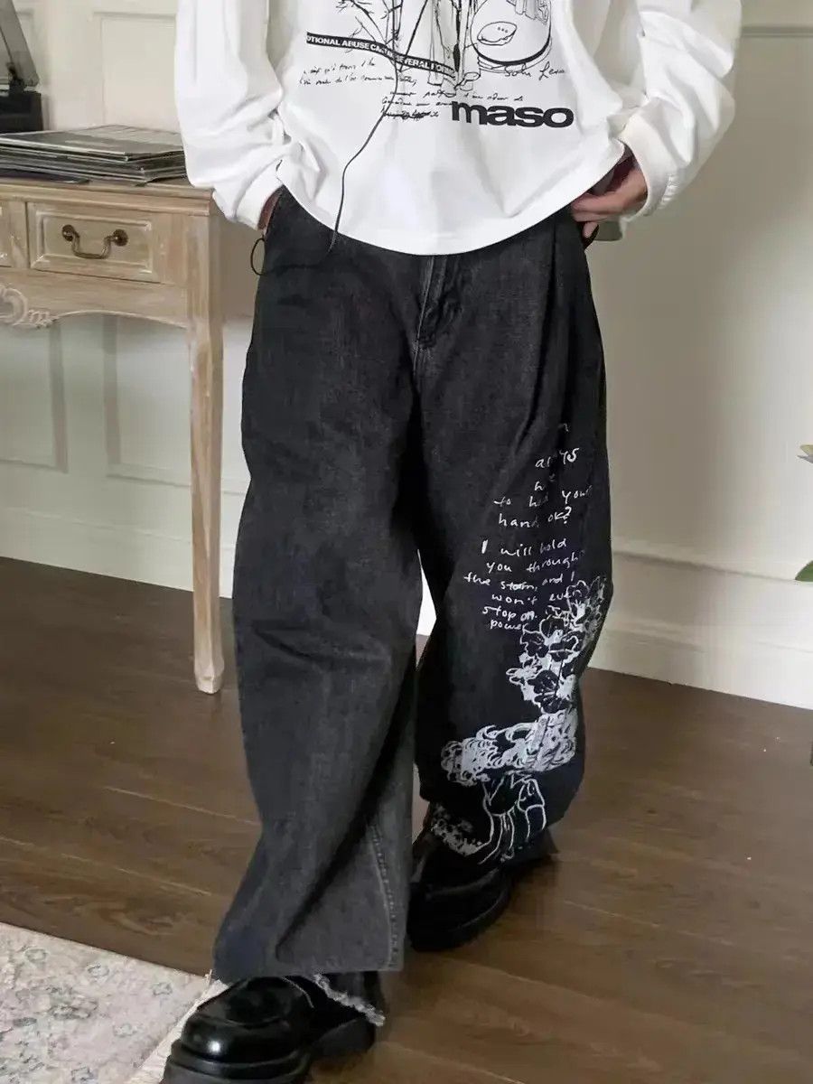 Japanese Brand Vintage comic lyrics printed washed fringed jeans Size US 32 / EU 48 - 2 Thumbnail