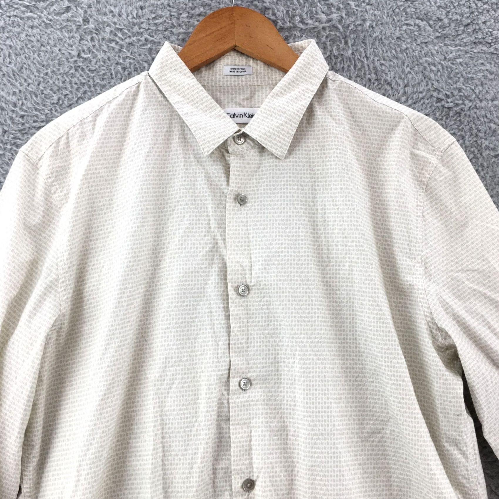 Calvin Klein Calvin Klein Dress Shirt Mens Large Beige Slim Fit Button Up Long Sleeve Cotton Size 42R - 2 Thumbnail