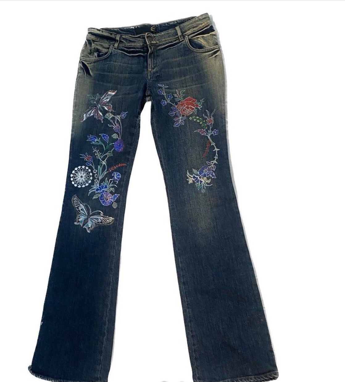 image of Just Cavalli Denim With Brown Washed & Floral Painted Design in Navy, Women's (Size 30)