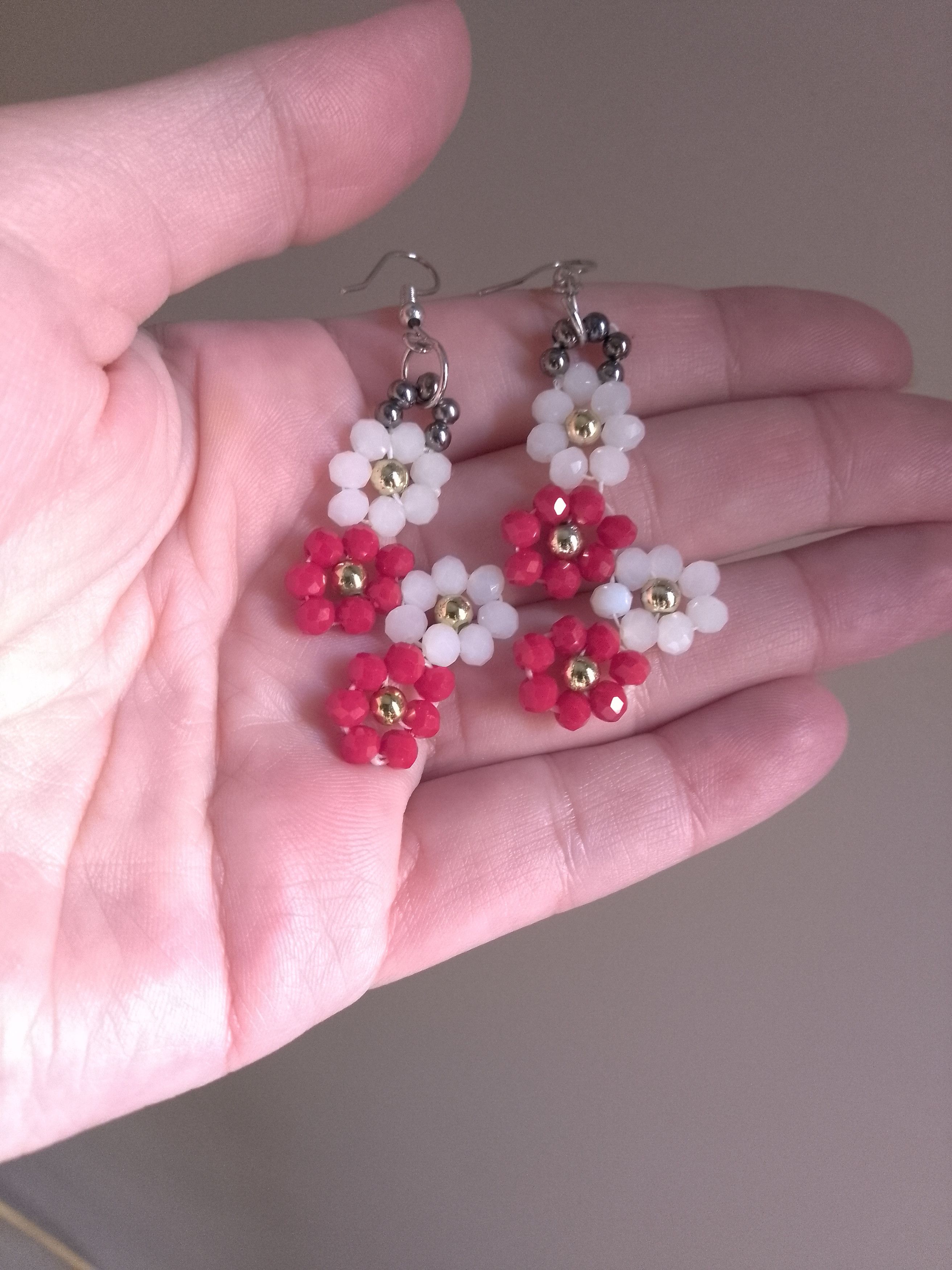 Handmade Necklace Red White Flowers Crystal. Earrings. Size ONE SIZE - 10 Thumbnail