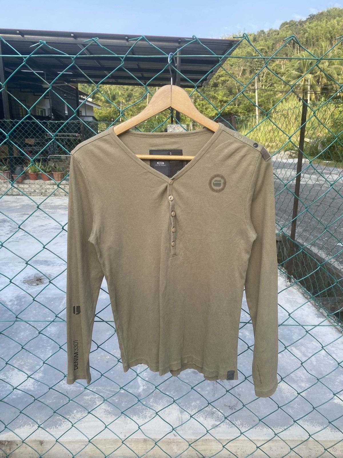 G-star raw denim olive green slim fit henley tshirt