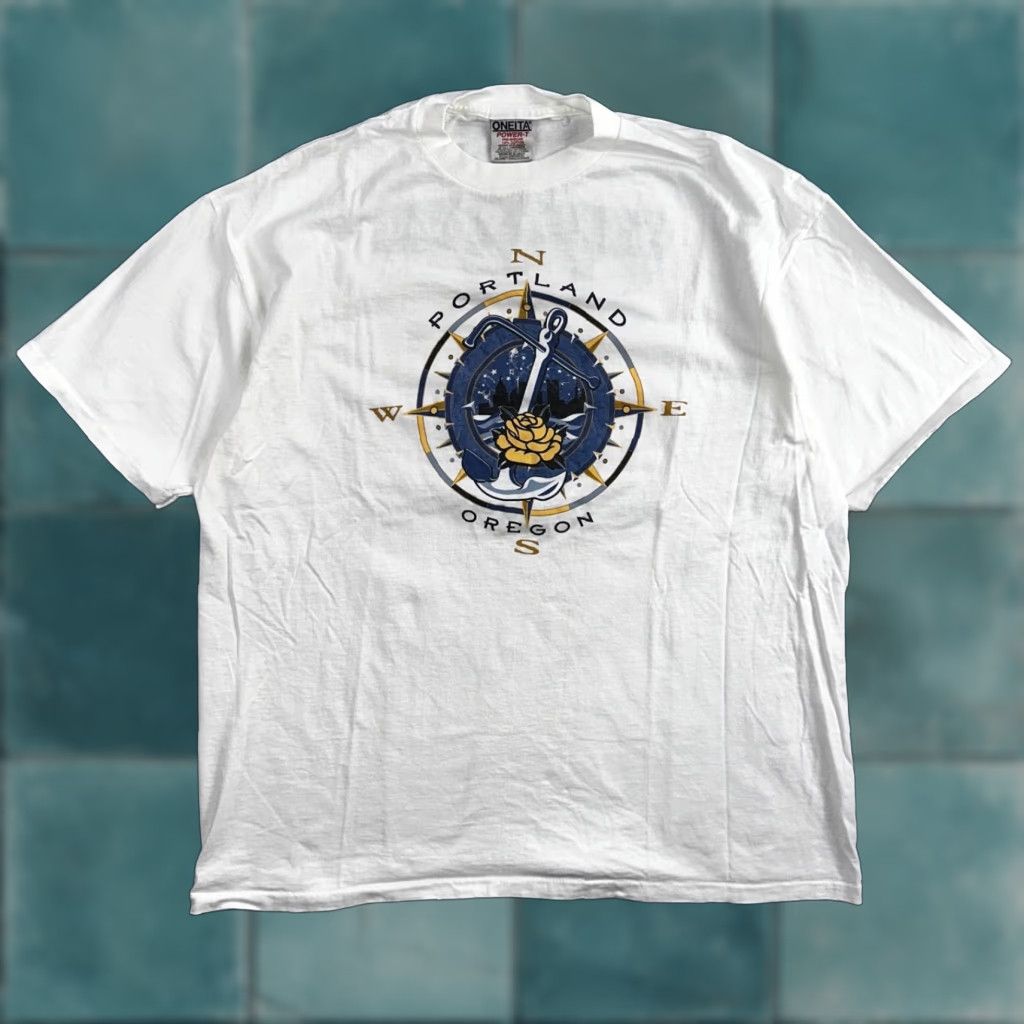 Vintage Oneita Portland Oregon 90s VTG T Shirt Single Stitch Compass Hiking Rose 1997 Size US XXL / EU 58 / 5 - 1 Thumbnail
