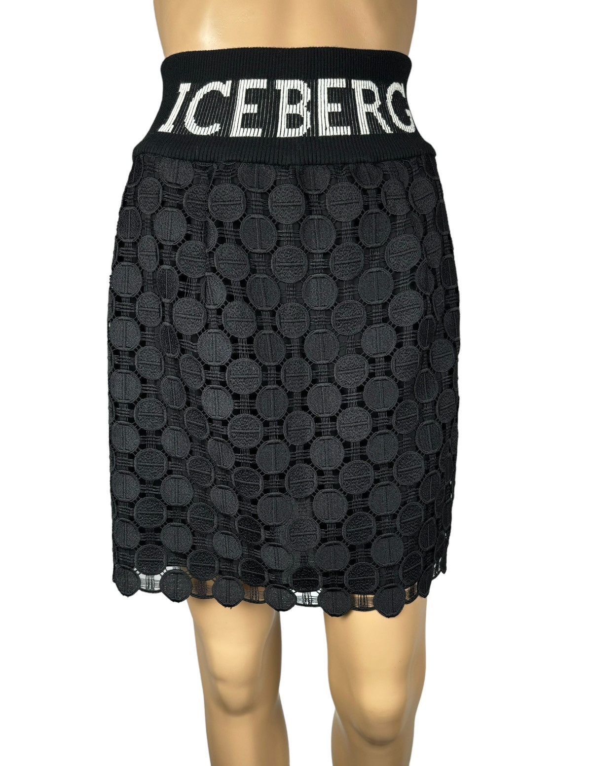 image of Iceberg Woven Skirt Lace Logo Elastic Waist Zip Size 40 in Black, Women's