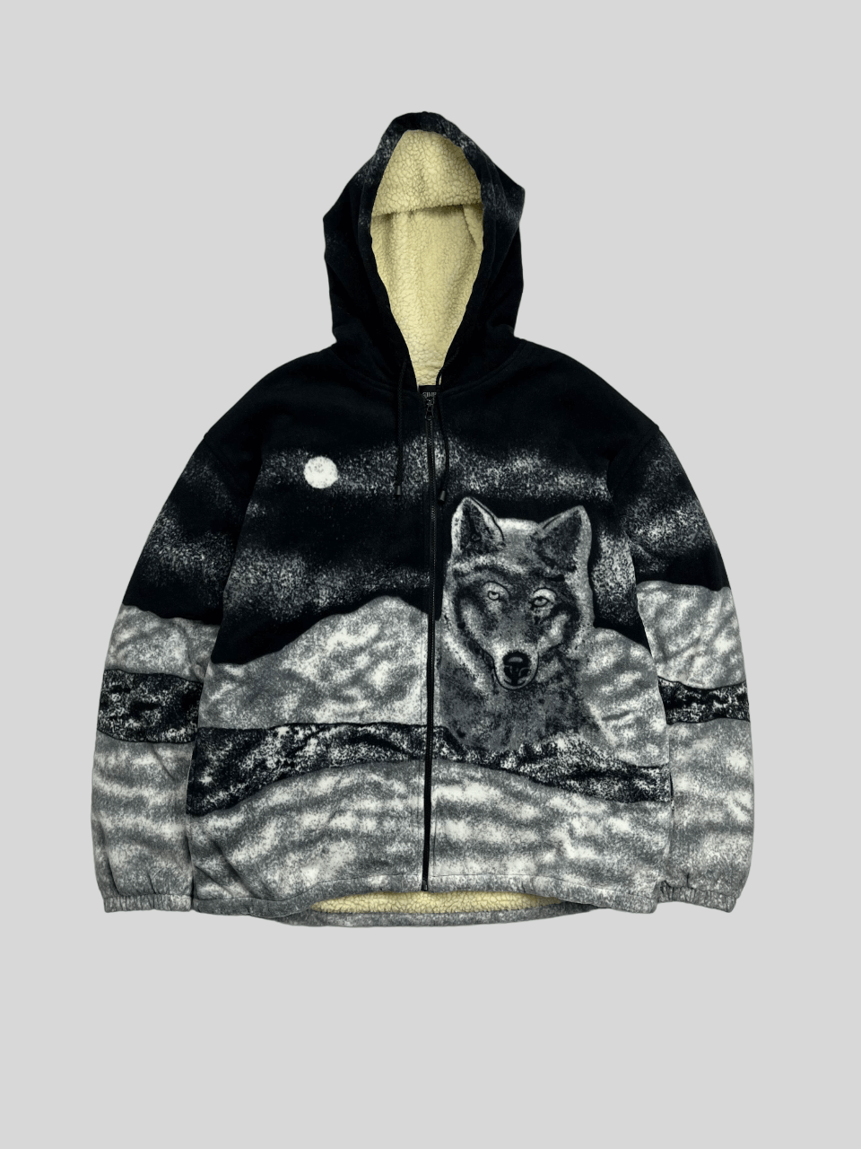 image of Animal Tee x Avant Garde Vintage Animal Wolf Printed Sherpa Fleece Jacket in Grey, Men's (Size 2XL)