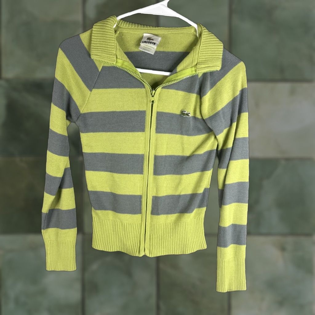 Lacoste Lacoste Womens Sweater Small Green Gray Stripe Collared Full Zip Knit Size S / US 4 / IT 40 - 1 Thumbnail