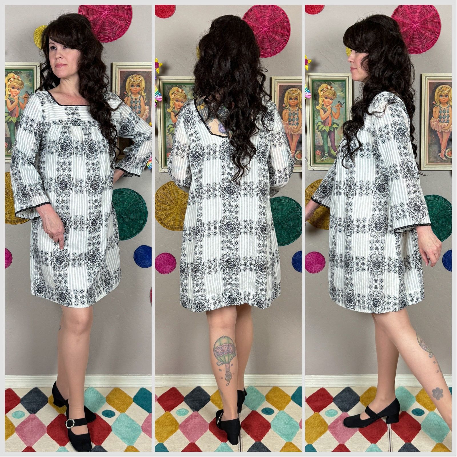 Vintage 1970s White and Black Gauzy A-Line Maternity Minidress Size S / US 4 / IT 40 - 2 Thumbnail