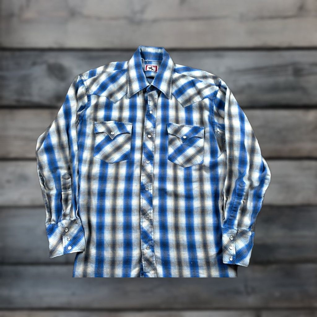 Vintage VINTAGE Men's 80s Shadow Plaid Flannel Western Shirt Medium Casual Workwear Gray Blue Pearl Snap Size US M / EU 48-50 / 2 - 1 Thumbnail