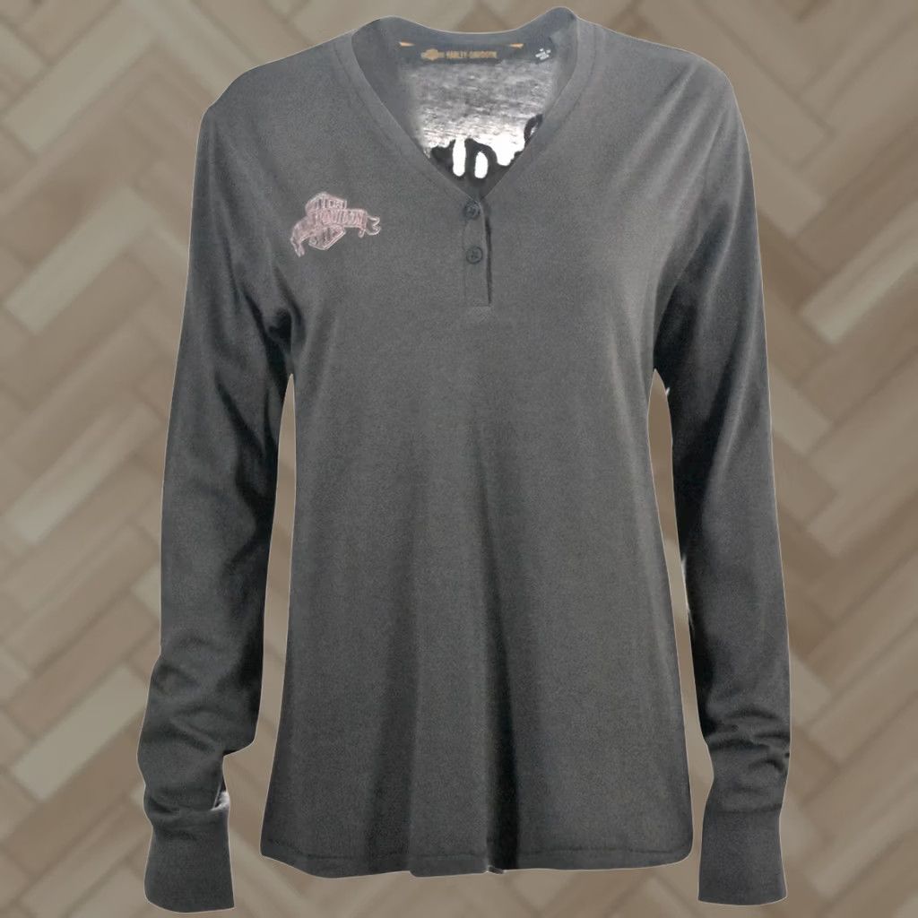 Harley Davidson Harley-Davidson Women's T-Shirt Henley V-Neck 3 Button Grey Cotton Long Sleeve - Mens? Size M / US 6-8 / IT 42-44 - 1 Thumbnail