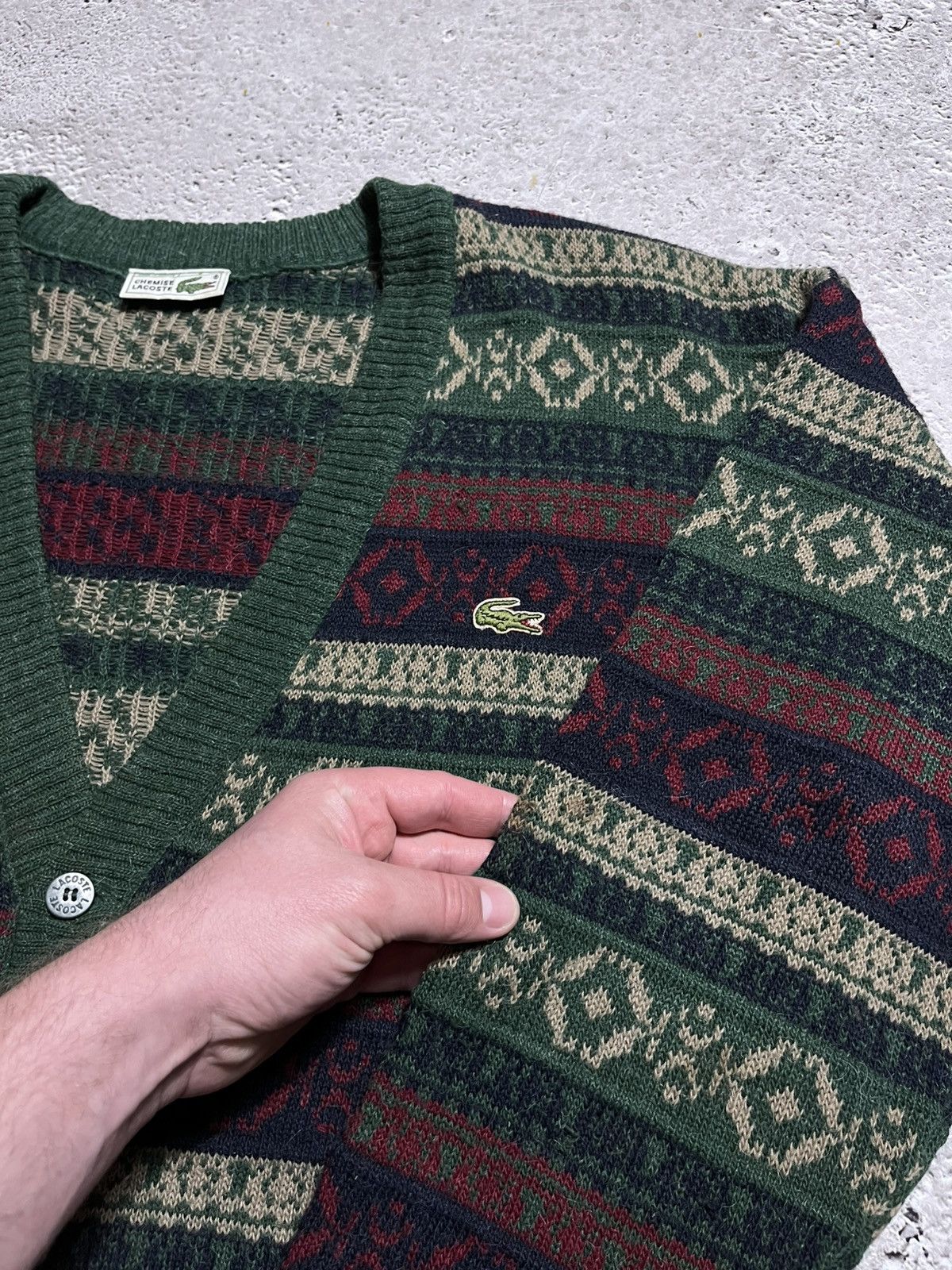 Lacoste × Vintage Vtg Lacoste Fair Isle Knit Cardigan Green Red Alpaca Wool Size US L / EU 52-54 / 3 - 4 Thumbnail