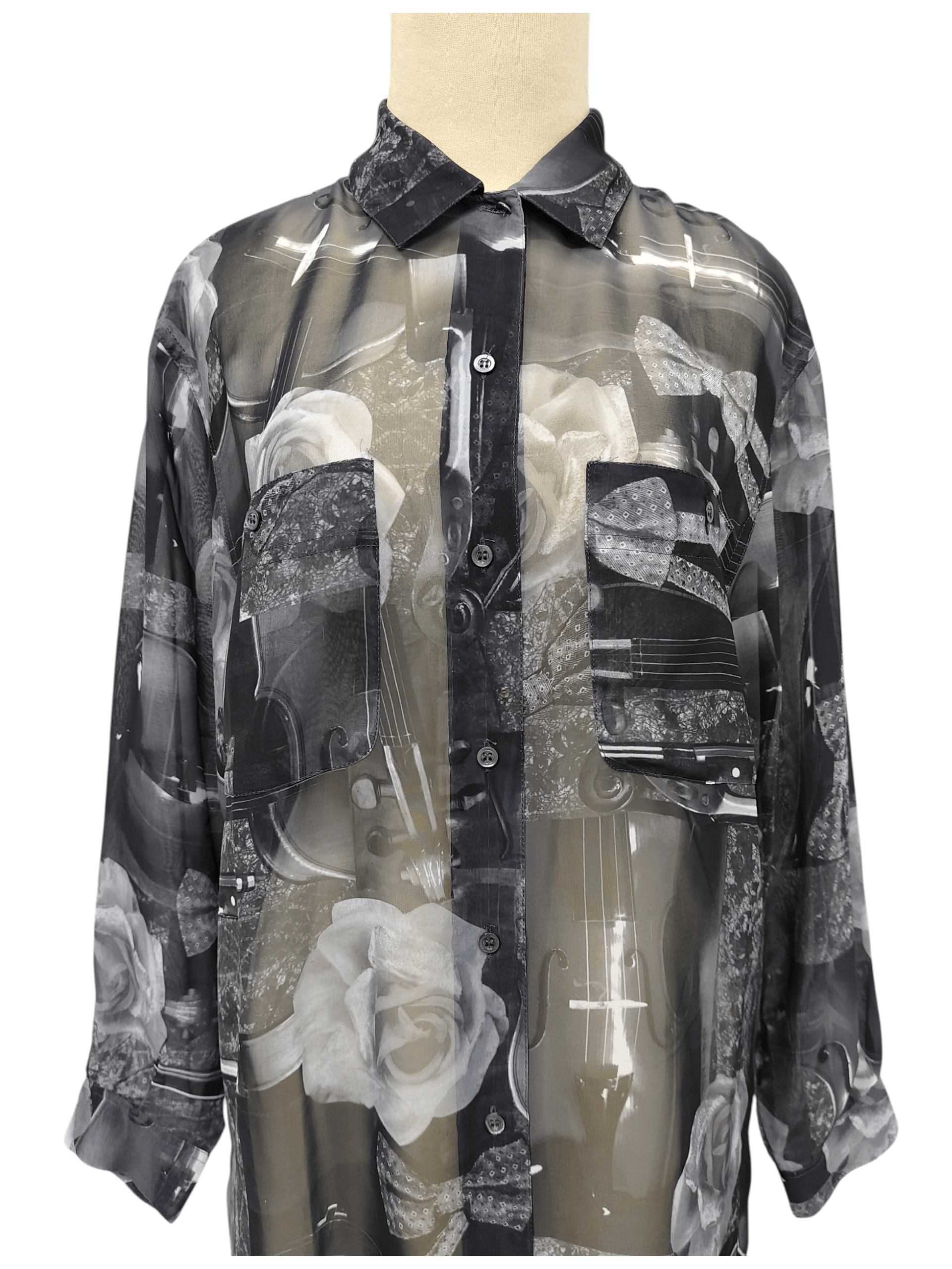 Max Mara DOPE 🇮🇹 Penny Black Roses Musical Art Sheer Blouses Size L / US 10 / IT 46 - 1 Thumbnail