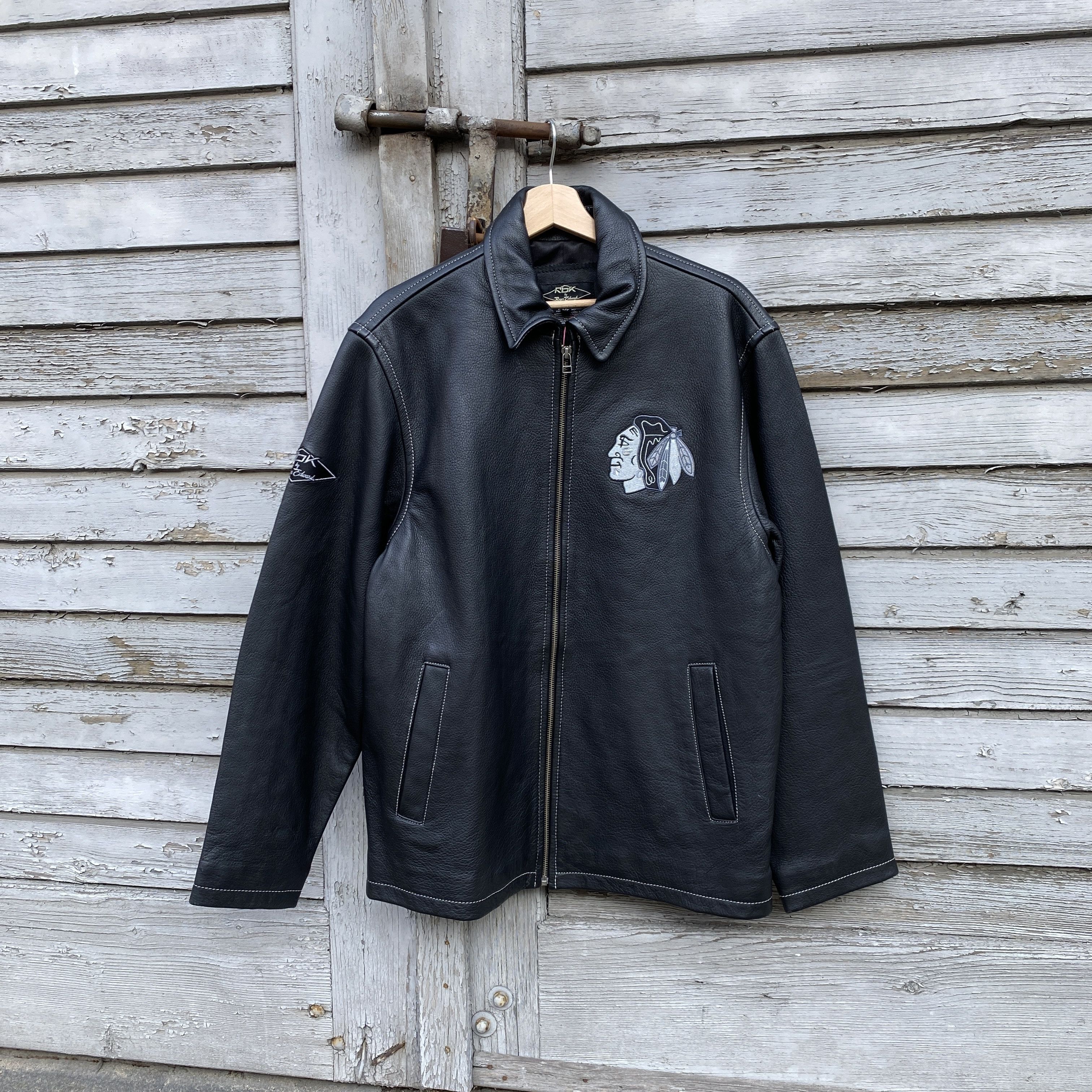 image of Reebok By Roger Edwards Indians Black Leather Jacket - L, Men's (Size Large)