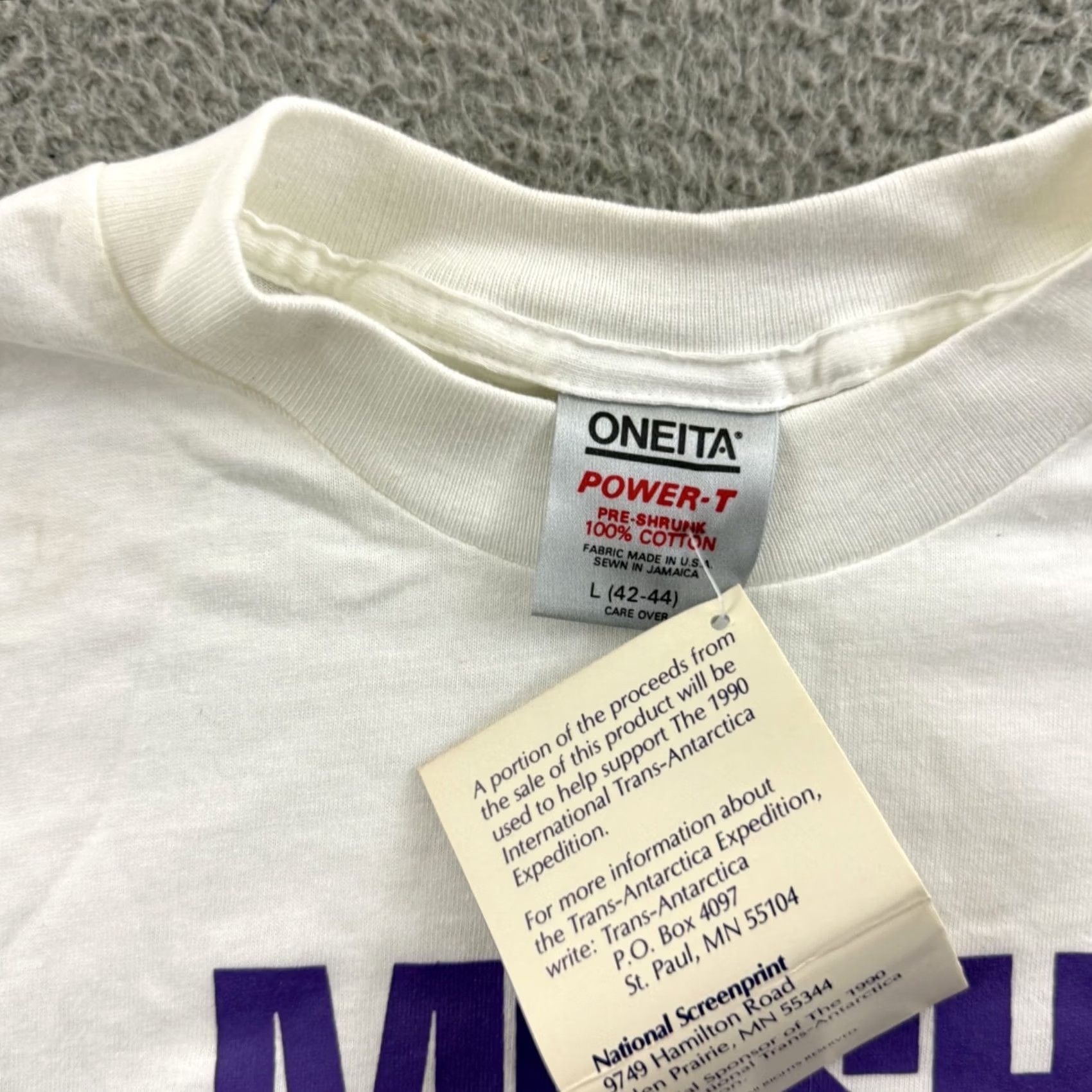 Vintage VINTAGE Oneita Shirt Mens Large White 90s NWT Trans Antarctica Expedition Logo Graphic Print Adventure Time Animals Outdoor Mens Size US L / EU 52-54 / 3 - 6 Thumbnail