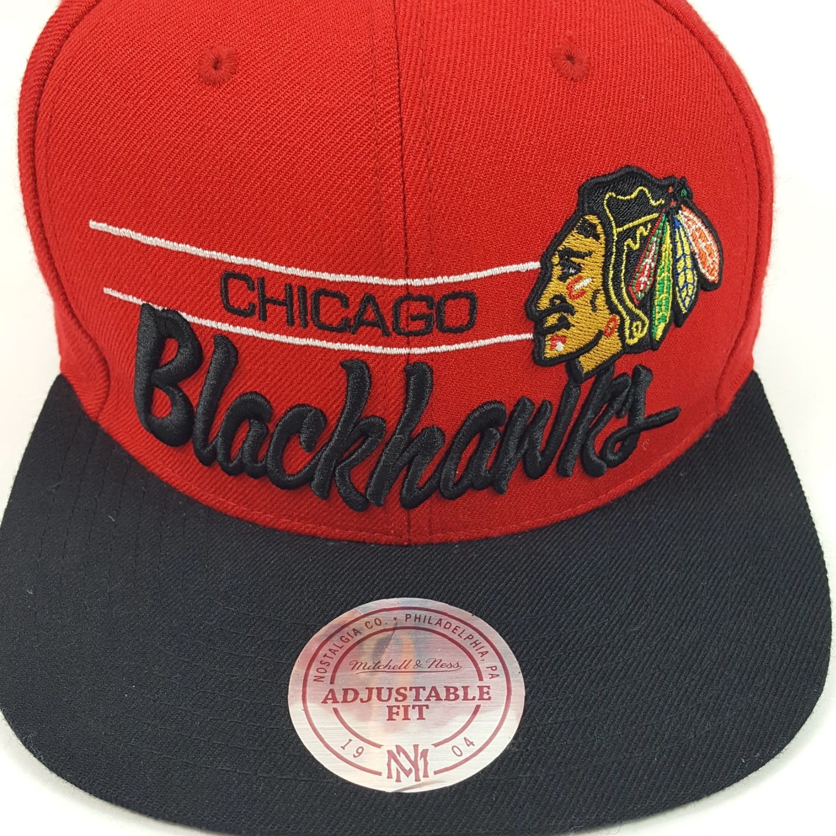 Mitchell & Ness VINTAGE Mitchell & Ness Chicago Blackhawks NHL Logo Wool Snapback Baseball Cap Hat One Size Red 90s Mens Size ONE SIZE - 3 Thumbnail