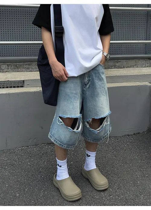 Jean Men's Distressed Denim Shorts, Ripped Baggy Jean Shorts Size US 30 / EU 46 - 3 Thumbnail