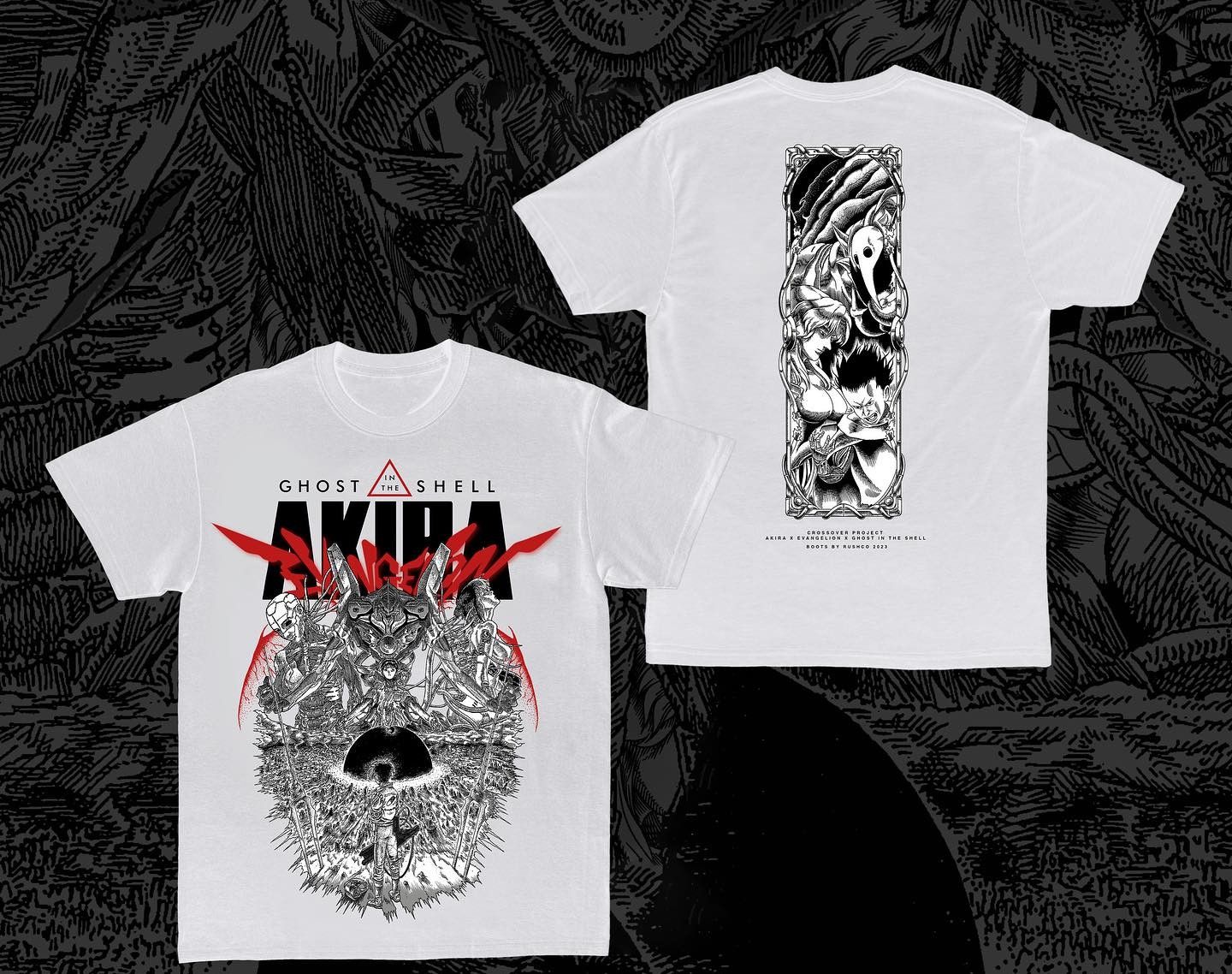 image of Anima x Tee Shirt Crossover Evangelion Akira Ghost In The Shell Anime Tshirt in White (Size XL)