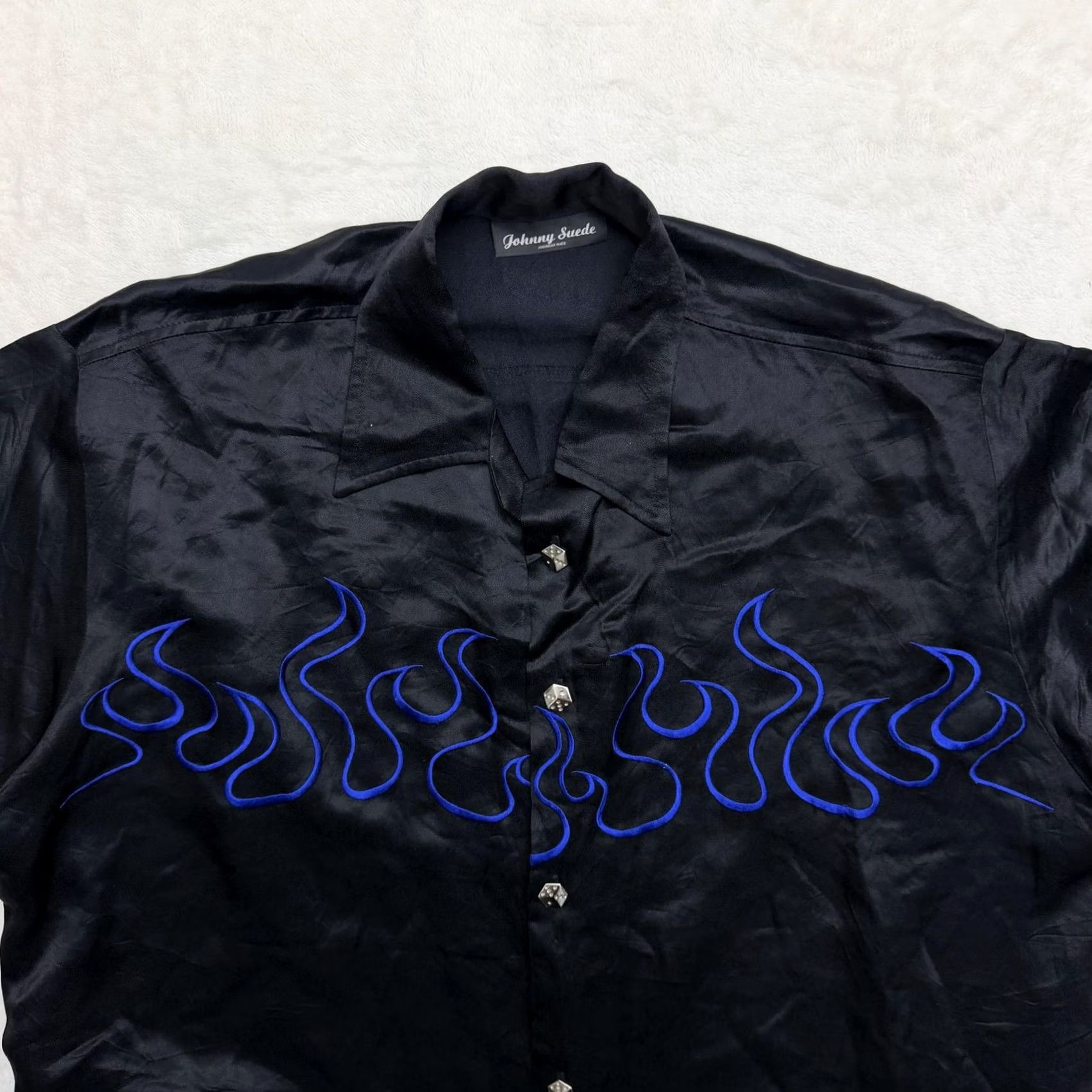 Vintage VINTAGE Johnny Suede Shirt Mens 2XL Black Satin Flame Embroidered Rock USA Button Up Size US XXL / EU 58 / 5 - 2 Thumbnail