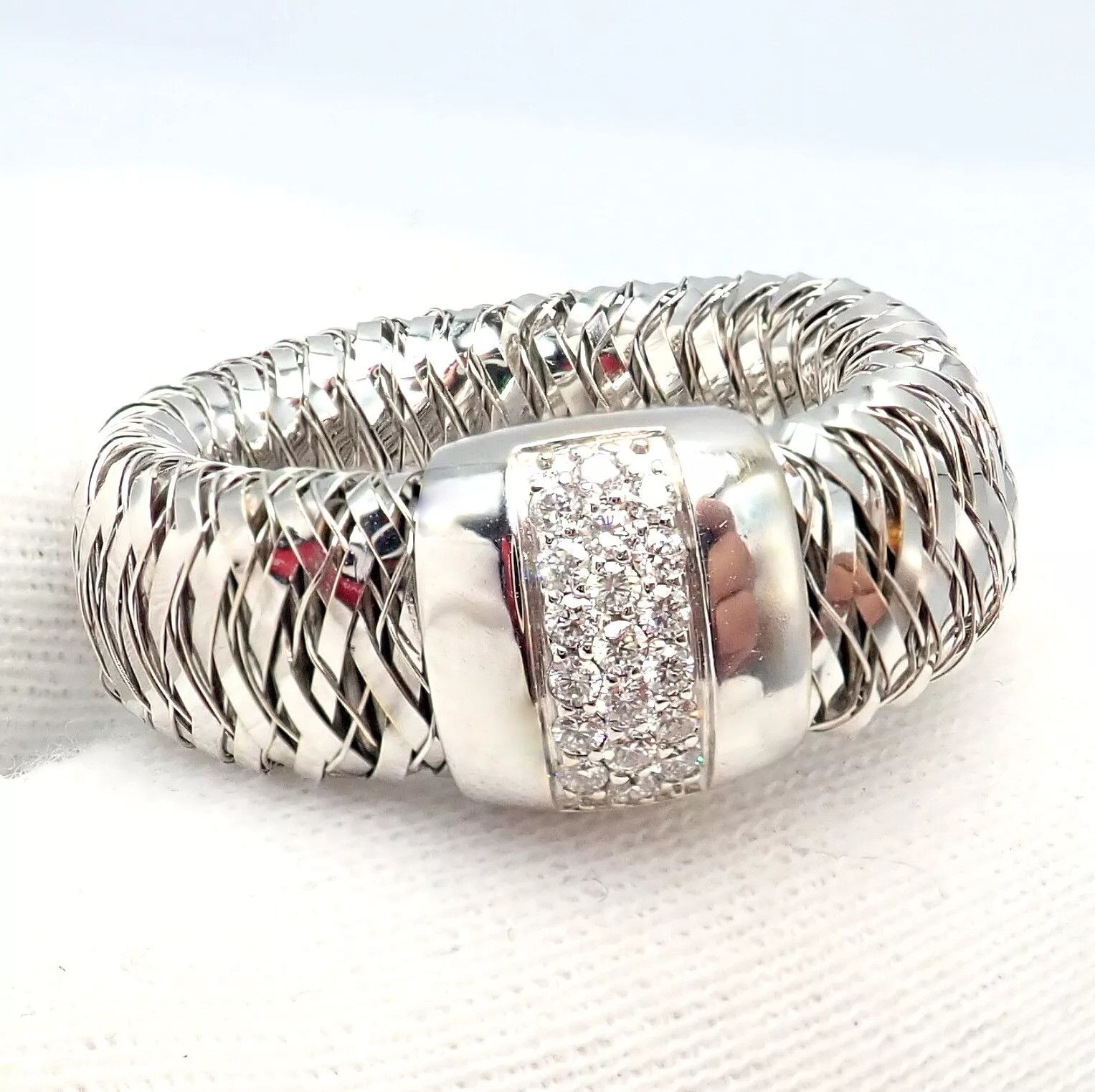 Vintage 18k White Gold Diamond Flexible 10mm Ring Size ONE SIZE - 6 Thumbnail