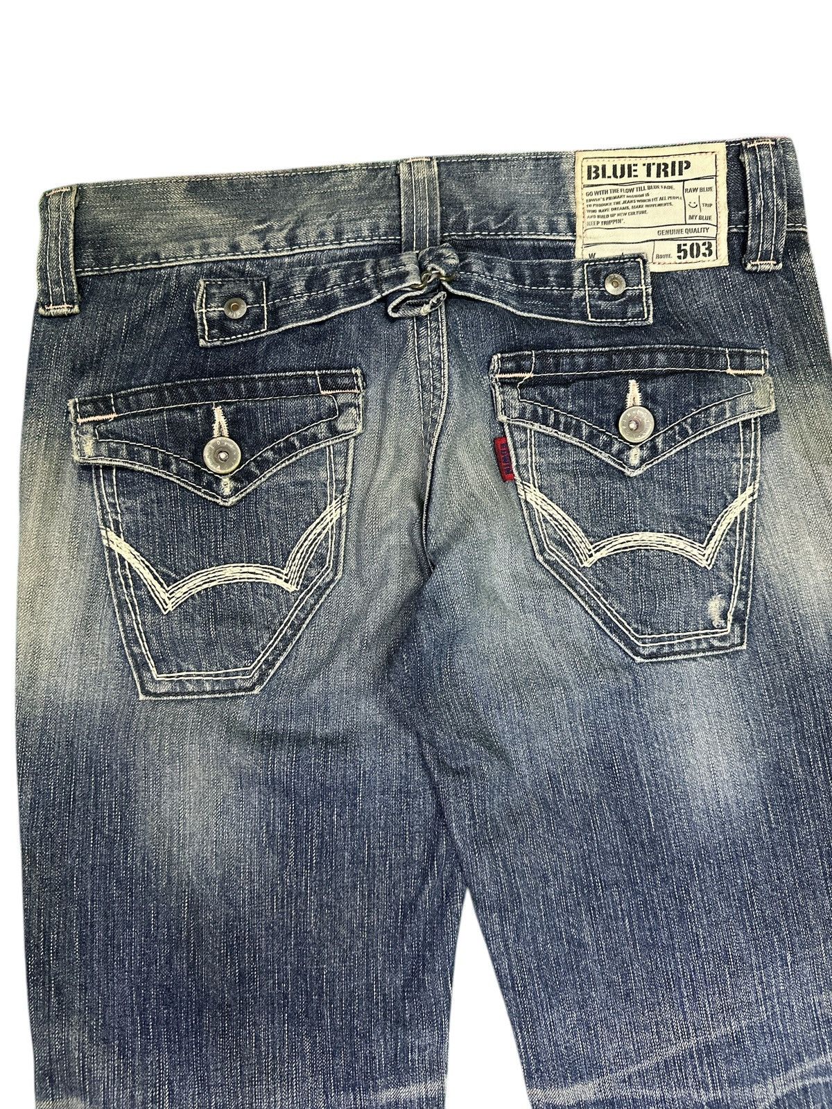 Kapital Flare💥V Edwin Mudwash Bootcut 503 Blue Trip Buckle Back . Size US 31 - 7 Thumbnail