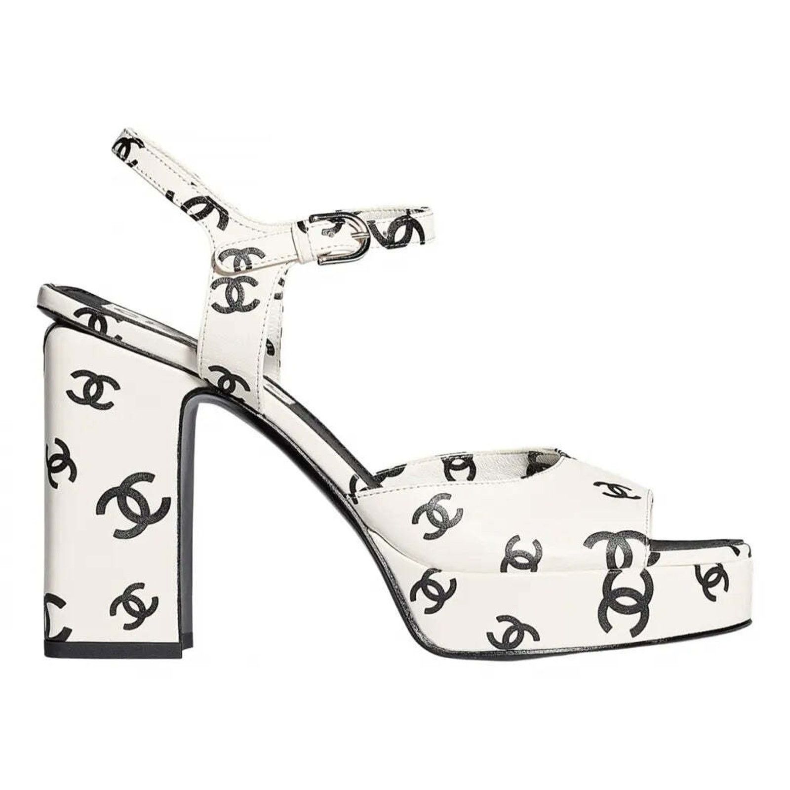 Chanel Chanel 22S White Black Lambskin CC Logo Platform Strap Size US 9.5 / IT 39.5 - 1 Thumbnail