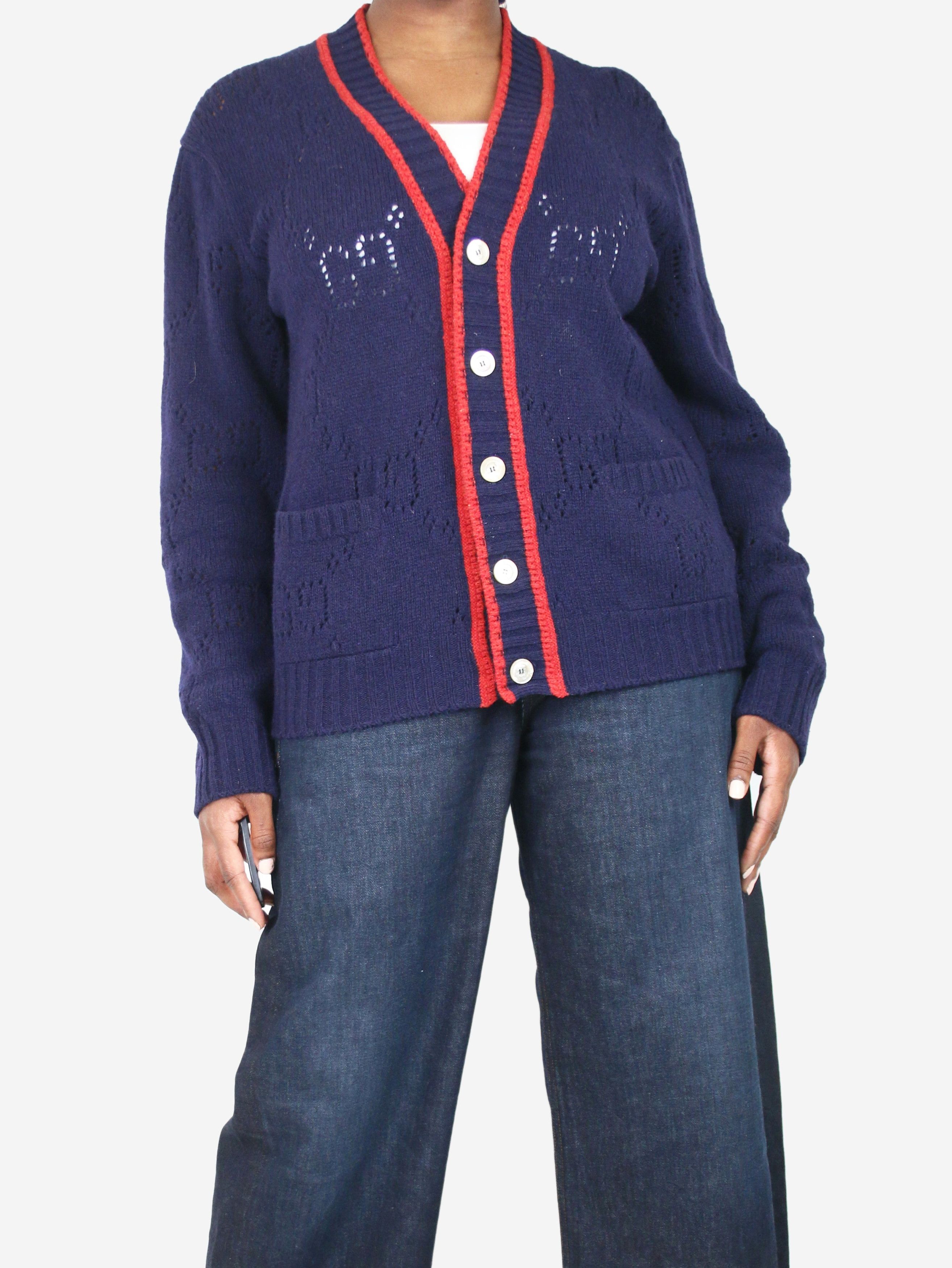 image of Gucci Navy Button-Up Wool Cardigan - Size Xl, Women's