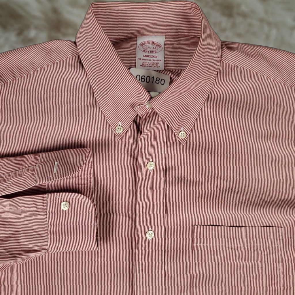 Brooks Brothers Brooks Brothers Shirt Men's 16.5 Red Striped Madison Dress Long Sleeve Button-Down Non-Iron Cotton Mens Shirt Size 42R - 1 Thumbnail