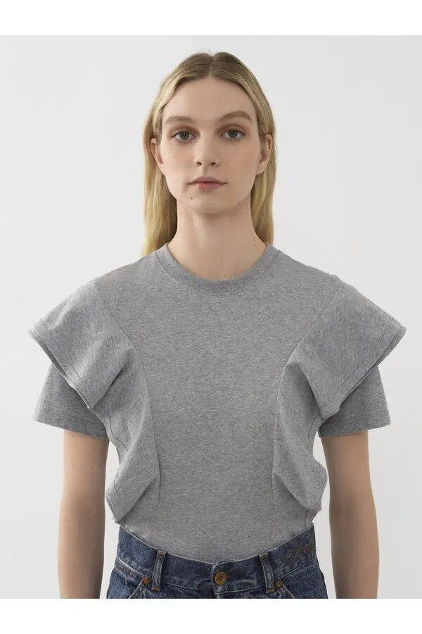 Chloe o1loc1c10425 Ruffled T-Shirt Top Radiant Grey Size L / US 10 / IT 46 - 1 Thumbnail