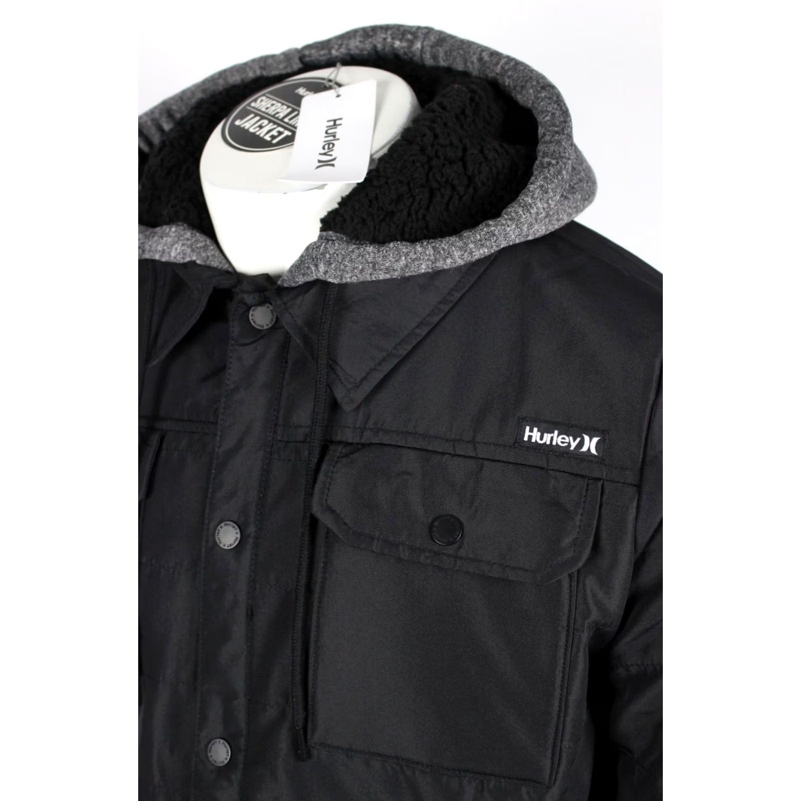 Hurley Hurley Men's Ostrom Bomber Jacket Hooded M Medium Black Sherpa Lined Snap Button Size US M / EU 48-50 / 2 - 3 Thumbnail