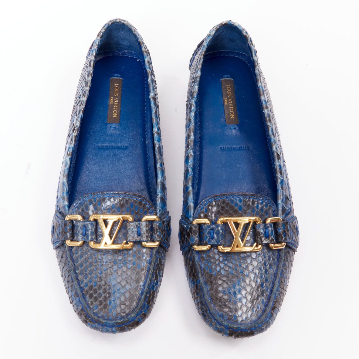 Louis Vuitton LOUIS VUITTON Dauphine blue polished snake leather gold LV logo loafers EU37 Size US 7 / IT 37 - 1 Thumbnail