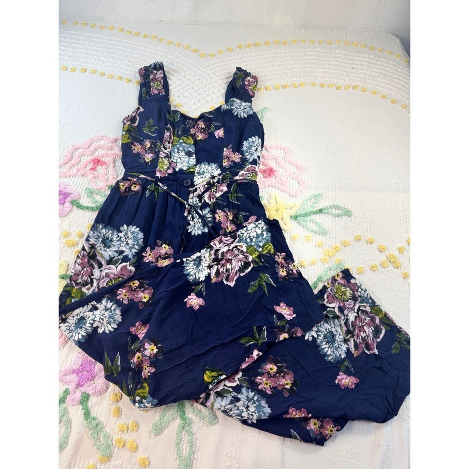 & Other Stories Bohemian Collective Navy Floral‎ Wide Leg Jumpsuit Smocked S Size 22" - 3 Thumbnail