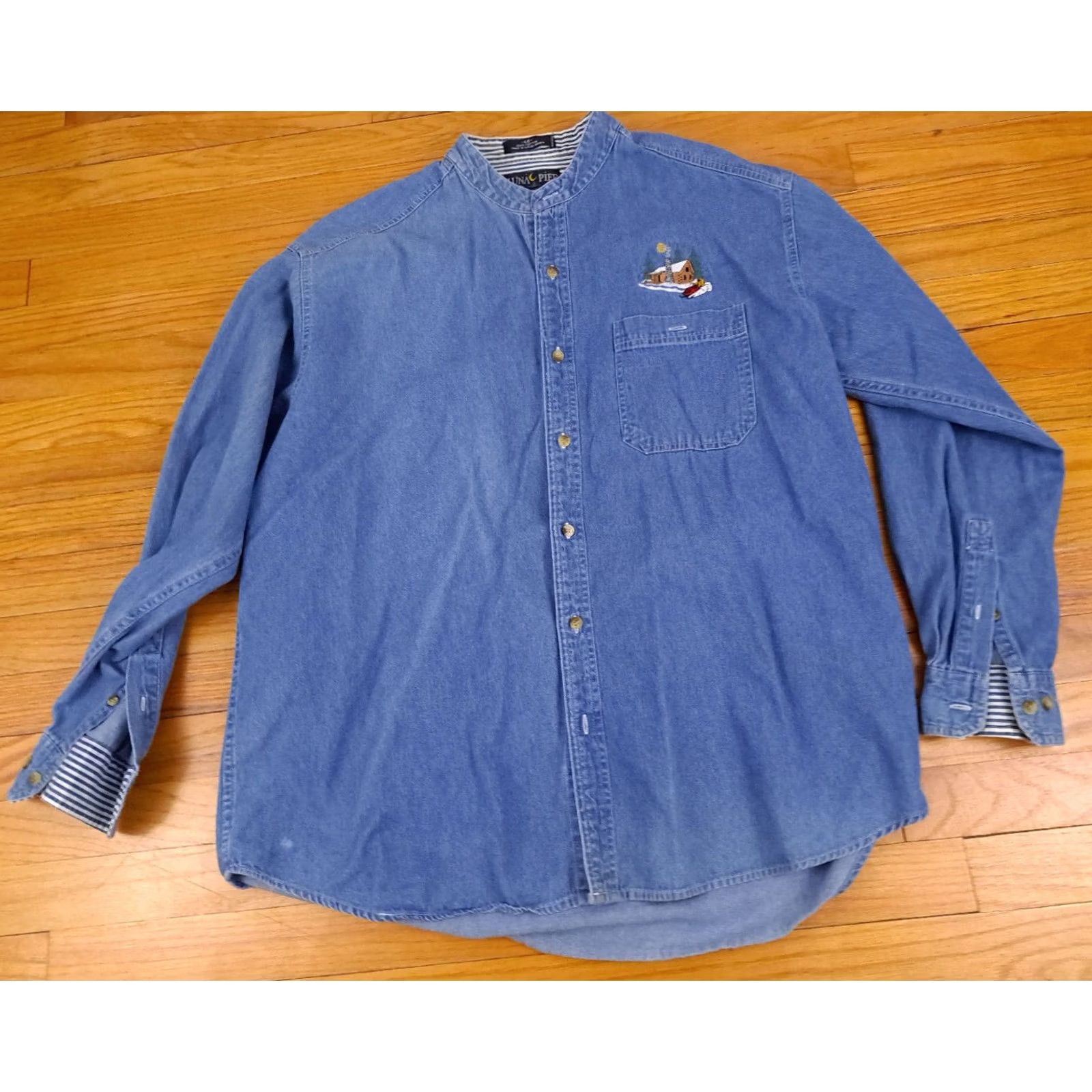 Vintage Blue Jeans Shirt Embroided Winter Cabin & Snowmobile Print Full Button LG Size US L / EU 52-54 / 3 - 3 Thumbnail