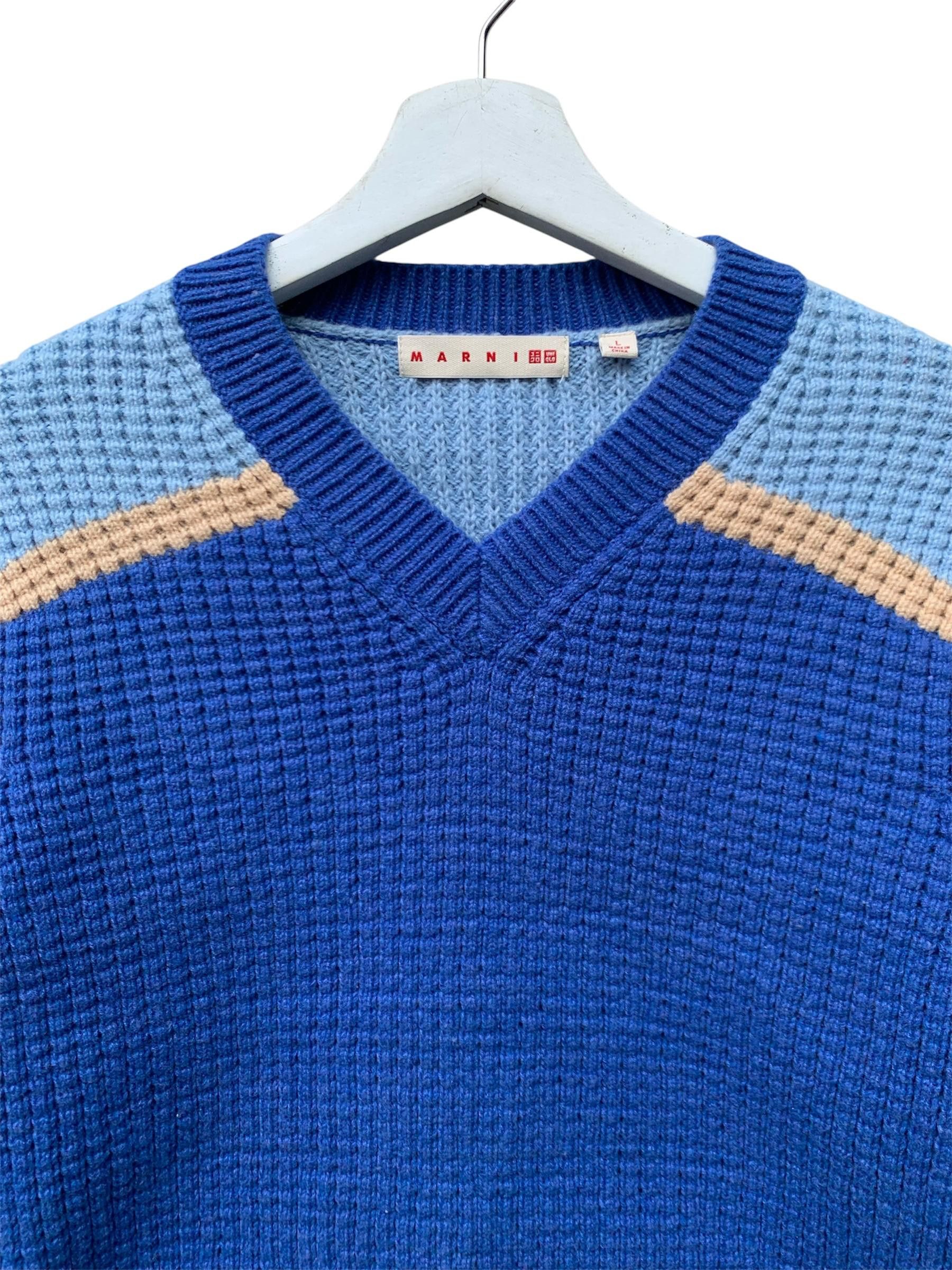 Marni × Uniqlo MARNI X UNIQLO Knitted Blue Sweater V neck Color Block Size US L / EU 52-54 / 3 - 4 Thumbnail