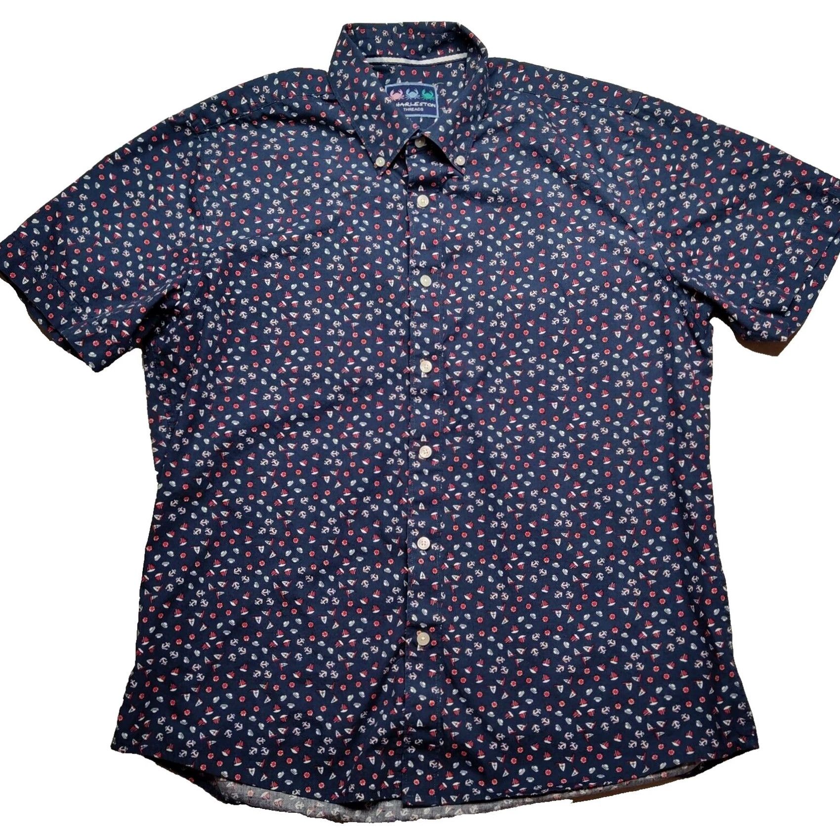 Vintage Charleston Threads Men Button-Up Shirt Geometric Sail Boat Anchors Navy Blue Cotton L Size US L / EU 52-54 / 3 - 2 Thumbnail