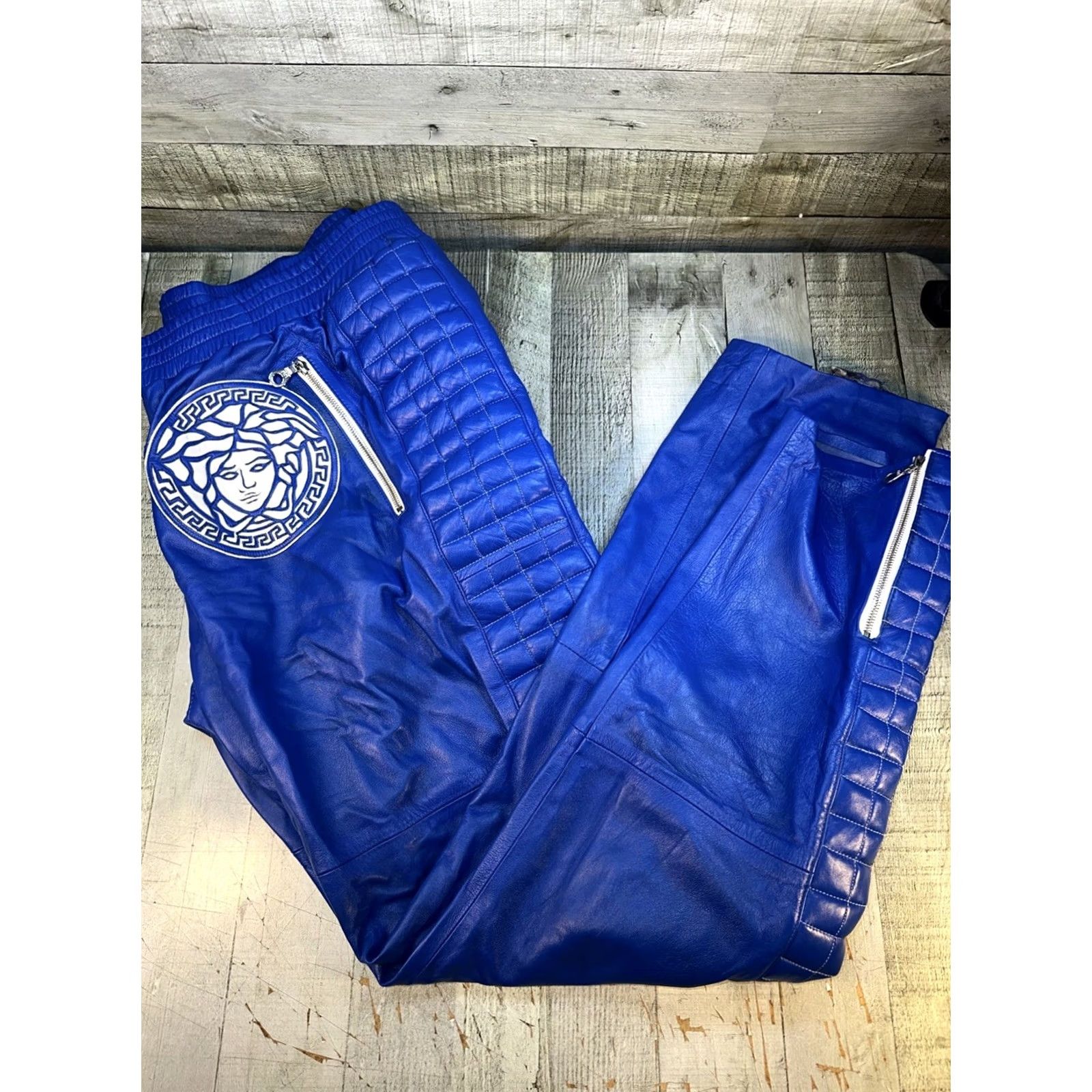 Vintage Blue Leather Moto Biker Pants 42x34 Medusa RiRi Zippers Quilted Men XS? Size US 42 / EU 58 - 4 Thumbnail