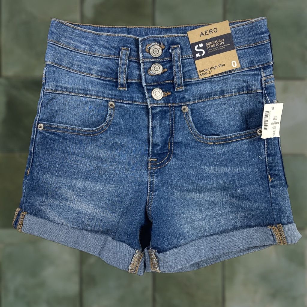 Vintage Aéropostale Denim Shorts Juniors 0 Blue High Rise Stretch Size 42" / US 20 - 1 Thumbnail