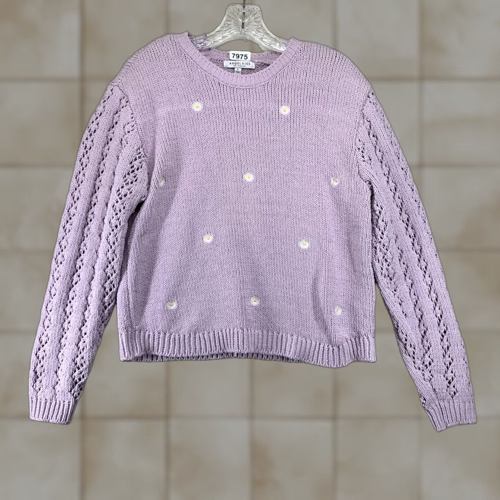 Vintage Women's Large Lavender Daisy Knit Crop Pullover Stretchy Sweater Breathable Size L / US 10 / IT 46 - 1 Thumbnail