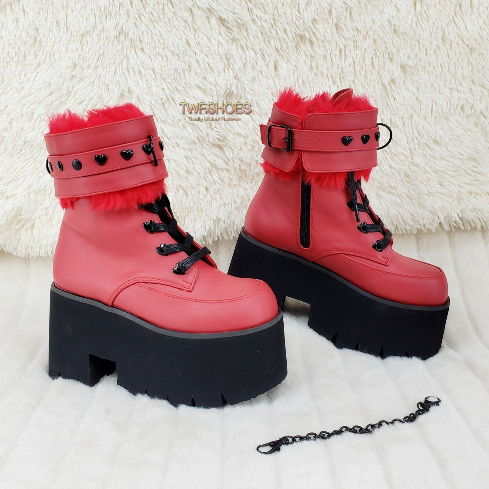 Other Ashes 57 RED Heart Studs 3.5" Platform Goth Boots Fur Lined Size US 6 / IT 36 - 1 Thumbnail