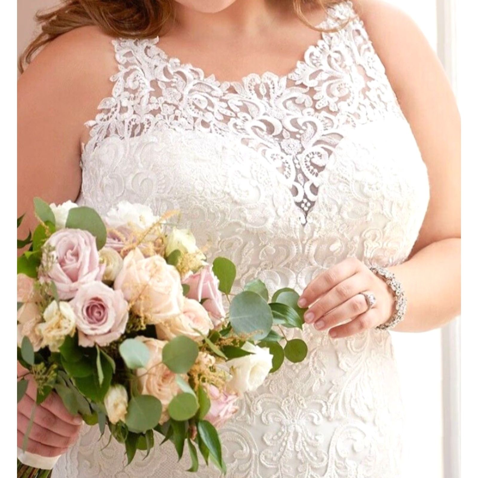 Vintage Stella York 6600 Mermaid Wedding Dress Halter Neckline Size 16 Ivory Lace Crystal Dams Ruffles Sleeveless Full-Length Ball Gown Sample Womens Size ONE SIZE - 3 Thumbnail
