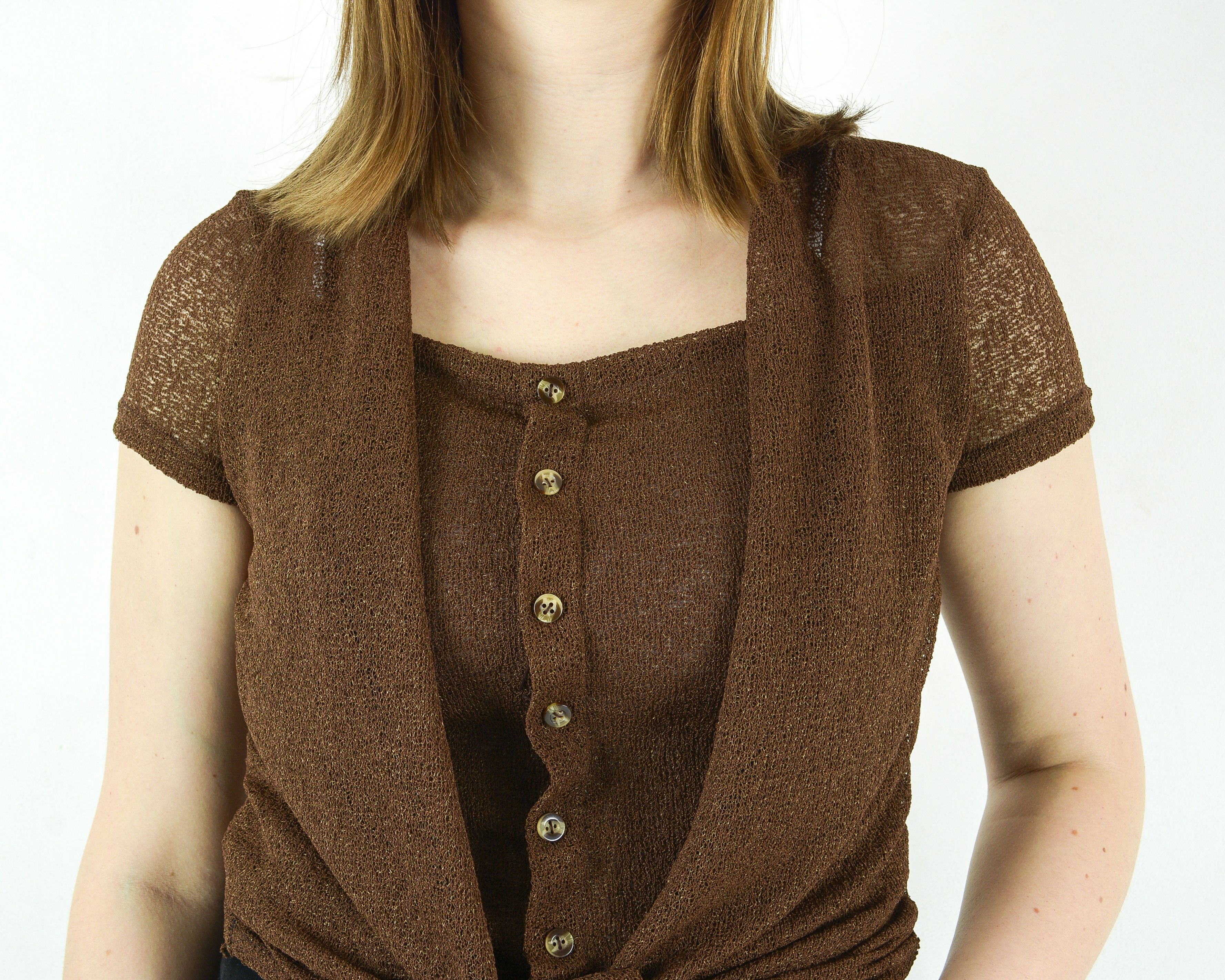 Other × Vintage See Through Blouse Shirt Button Up Top Brown Short Sleeve Size S / US 4 / IT 40 - 6 Thumbnail