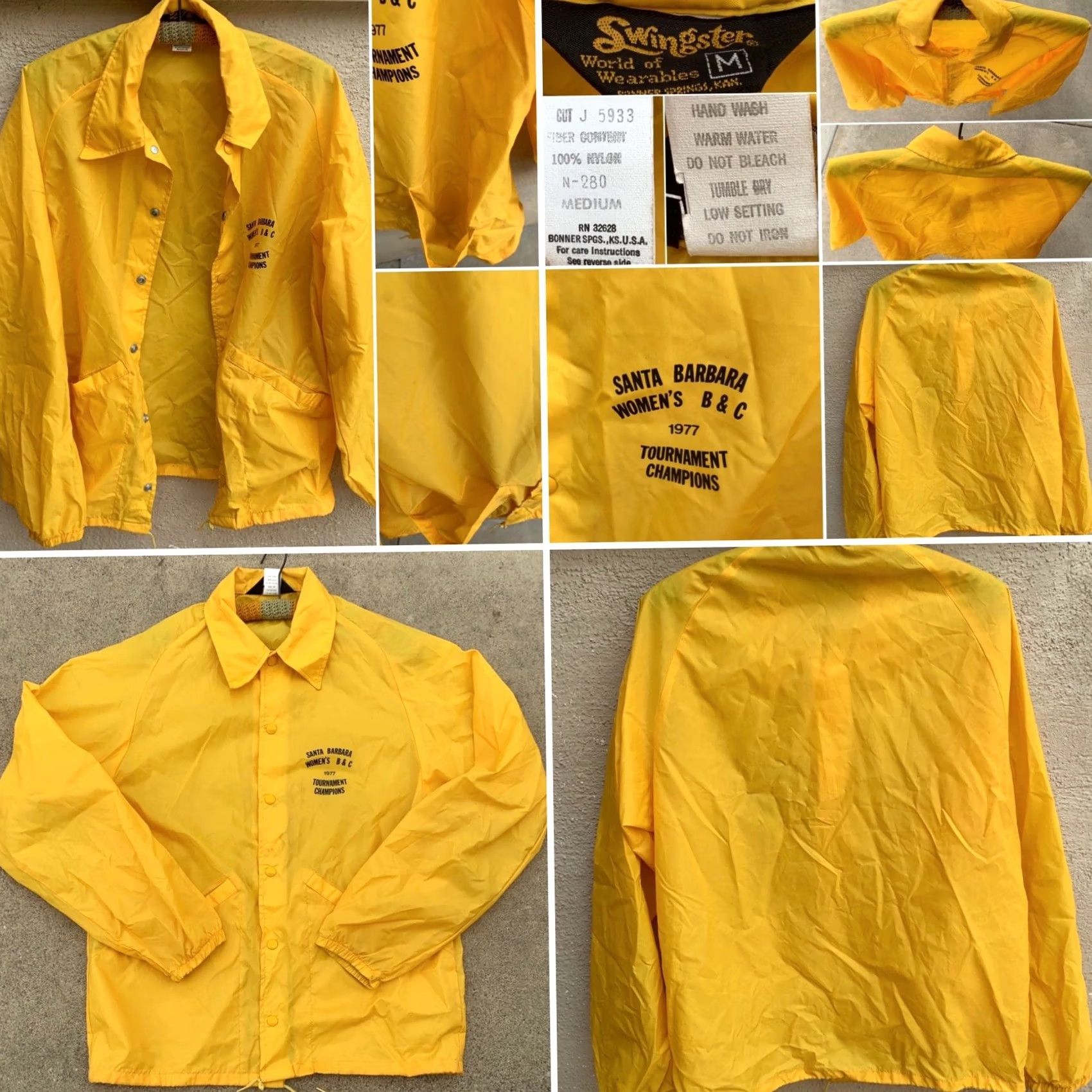 Champion VINTAGE Swingster Santa Barbara Womens B & C 1977 Tournament Champions Windbreaker Jacket Nylon Yellow M Mens/Womens Size M / US 6-8 / IT 42-44 - 2 Thumbnail