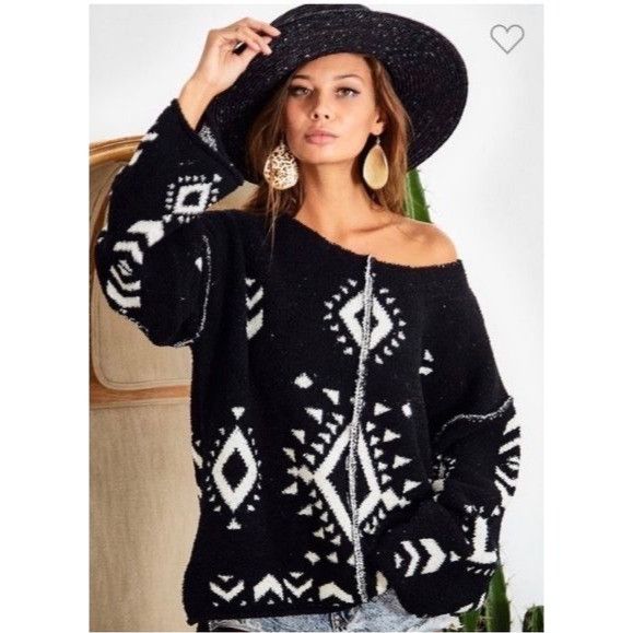 Other NWT Black White Slouchy Aztec Sweater | Boho Coastal Cowgirl Size S / US 4 / IT 40 - 6 Thumbnail