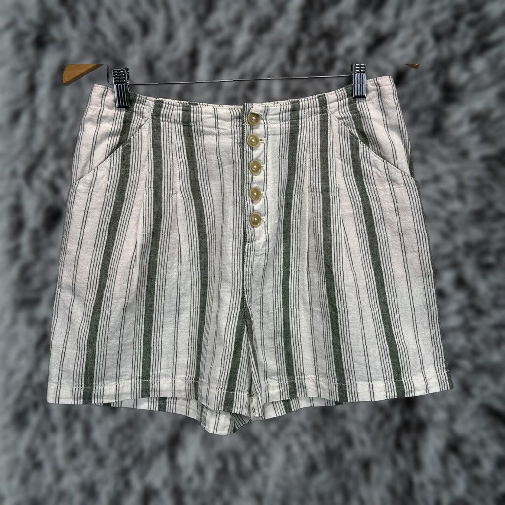 Anthropologie ANTHROPOLOGIE Linen Blend Shorts Sz 6 Womens Striped Button Fly White Green Coastal Beach Size 28" / US 6 / IT 42 - 1 Thumbnail
