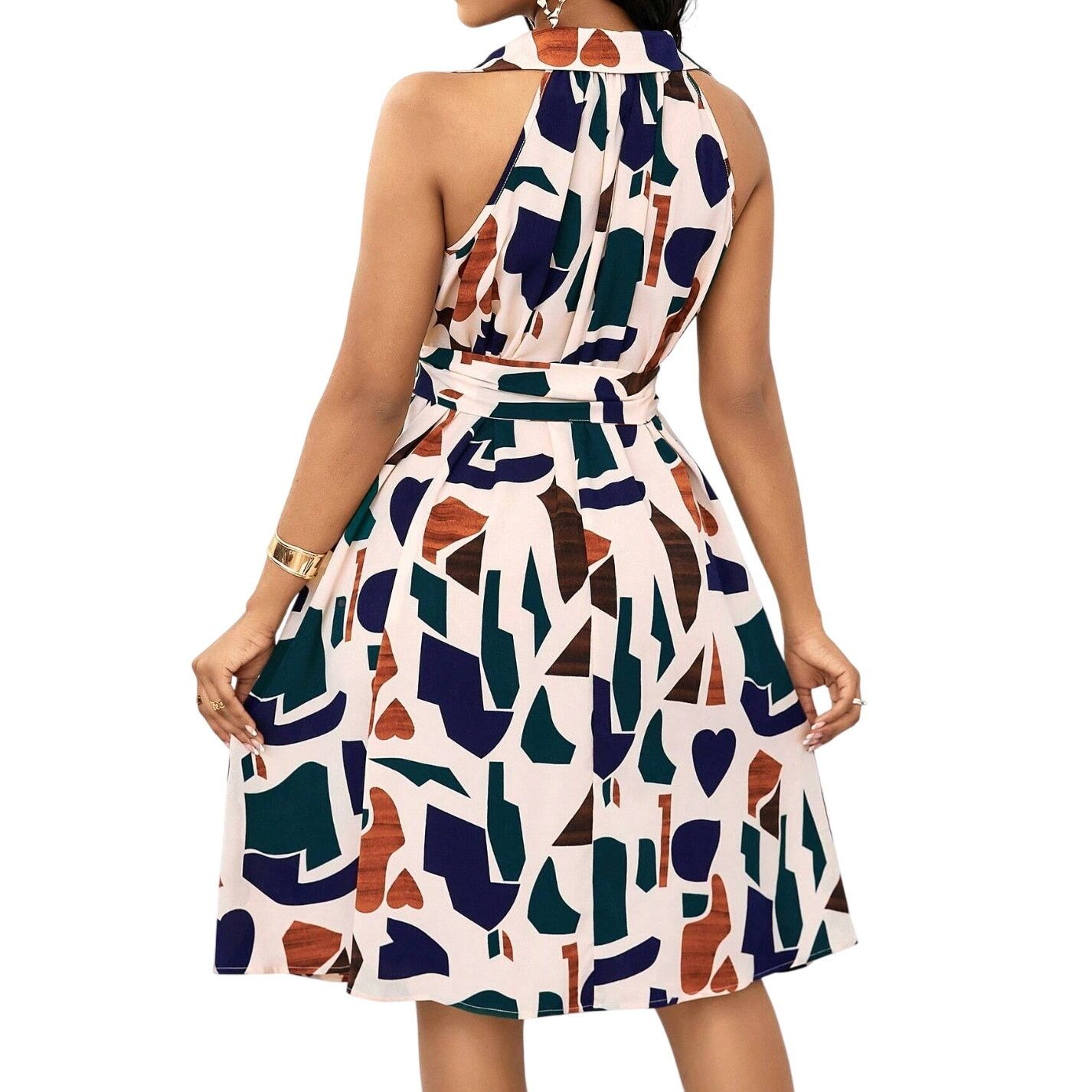 Shein Geometric Print Bow Waist Dress in Multi, Size M Size M / US 6-8 / IT 42-44 - 2 Thumbnail