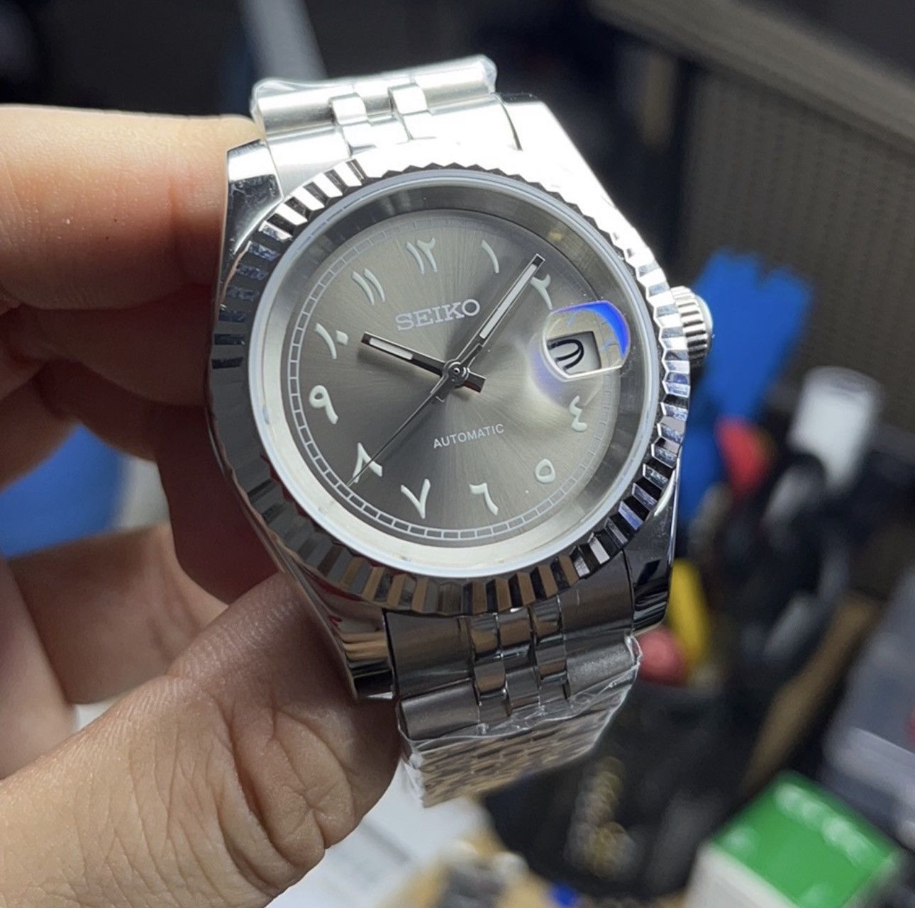 Japanese Brand Seiko Mod Datejust Grey Arabic Steel Jubilee Watch 39mm Size ONE SIZE - 1 Thumbnail