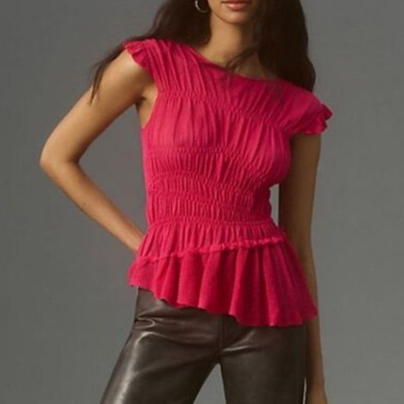 Anthropologie By Anthropologie Sheer Ruffled Hot Pink Sweater Top Small Size S / US 4 / IT 40 - 1 Thumbnail