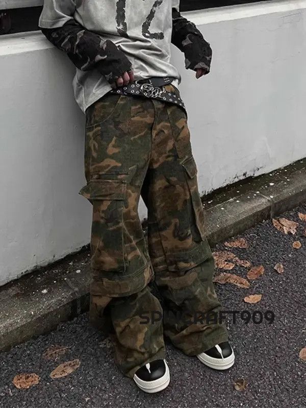Vintage Hirakawa x Kino Baggy Cargo Camo Wide Leg Flare Pants Size US 33 - 3 Thumbnail
