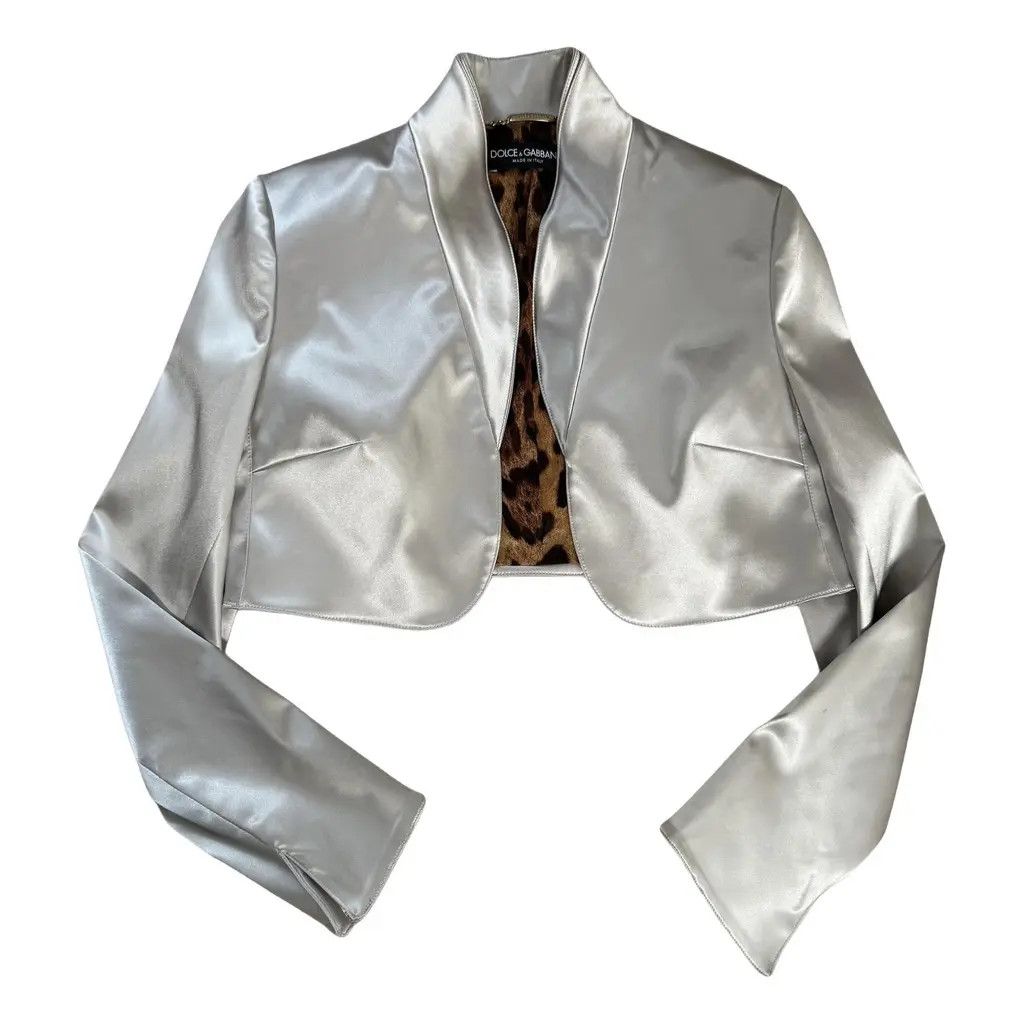Dolce & Gabbana Dolce & Gabbana Silver Leopard Cropped Satin Blazer IT44 Size M / US 6-8 / IT 42-44 - 2 Thumbnail