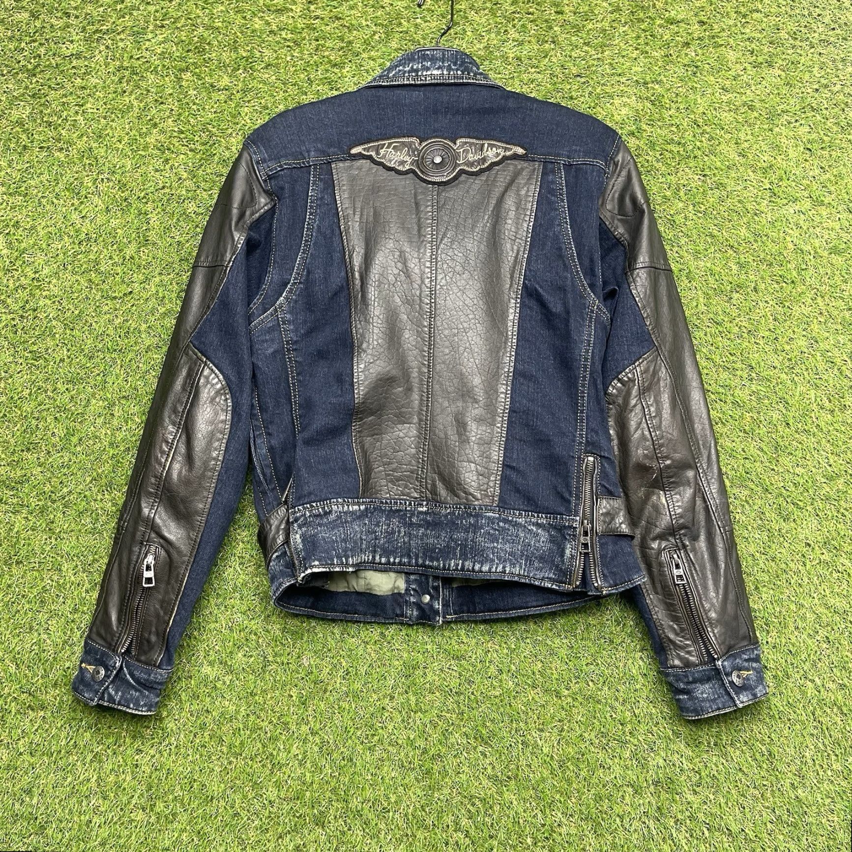 Harley Davidson VINTAGE Harley-Davidson Leather Jacket Womens S Blue Buckle Denim Riding 97203-17VW Easy Rider Womens Jacket - Size S / US 4 / IT 40 - 2 Thumbnail